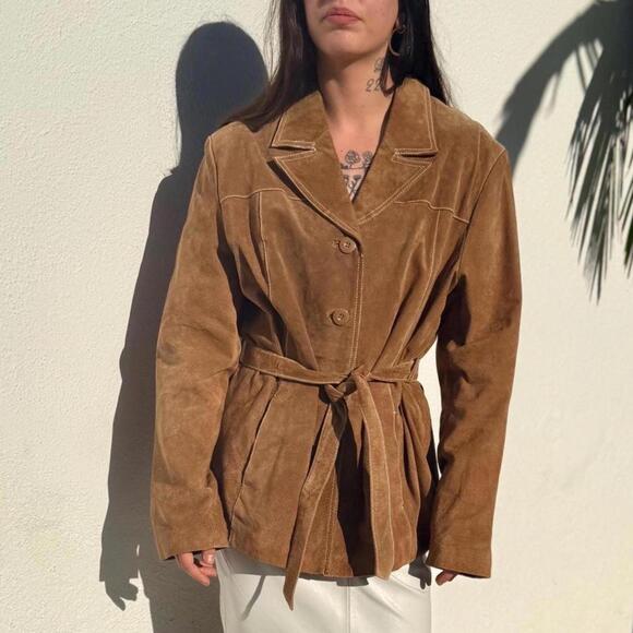 VTG Brown Leather Trench Coat Wilsons Leather Tan Suede Jacket 90s Size XL - Picture 1 of 9